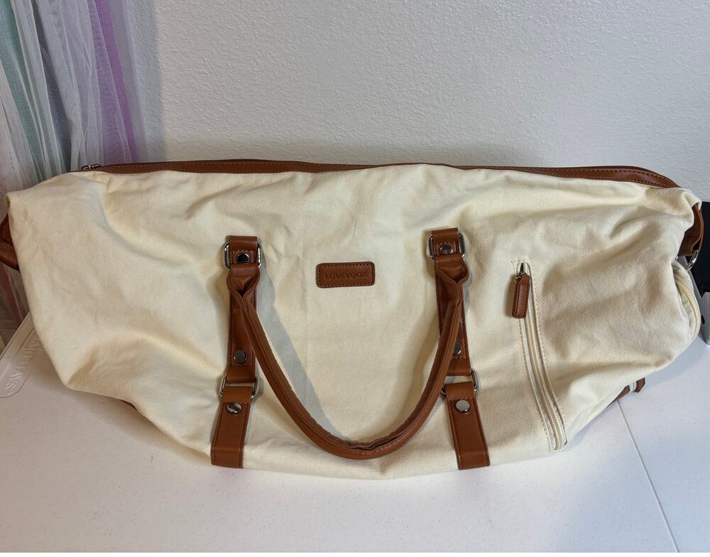 LOVEVOOK Large-Capacity Travel Luggage Duffle Canvas Tote Bag Cream & Brown